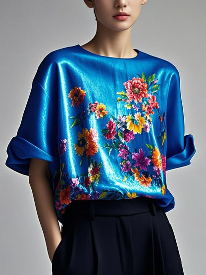Fitted Orange Patchwork Silk Tops Summer