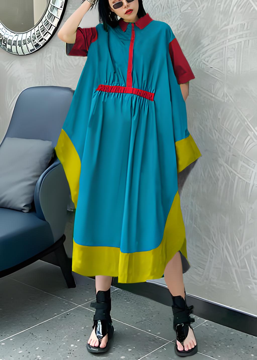 Diy Blue Geometry Cotton Clothes Lapel Asymmetric Kaftan Dress