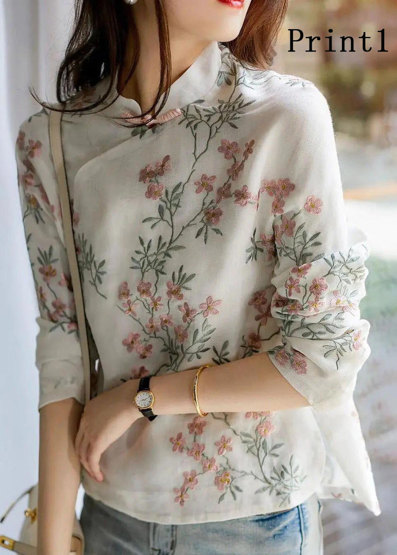 Unique Beige-flower Print Linen Blouses Spring