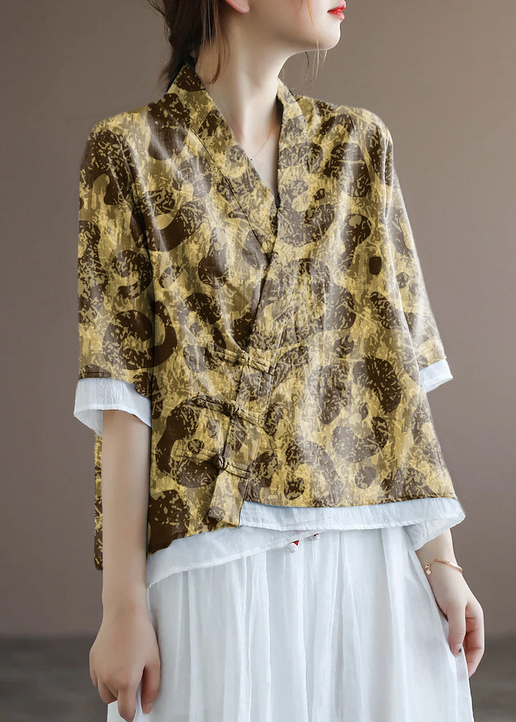 Chinese Style Lake Red Polka Dotsv Neck Double-deck Cotton Top Half Sleeve
