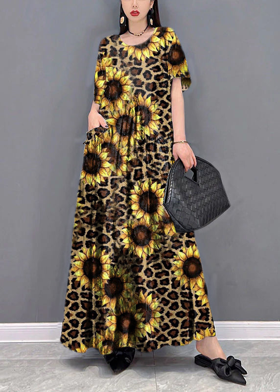 Black O-neck Print Pockets Long Dresses Short Sleeve