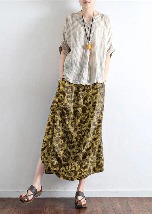 Yellow Leopard Oversized Linen Skirts Asymmetrical Design Elastic Waist Long Skirt