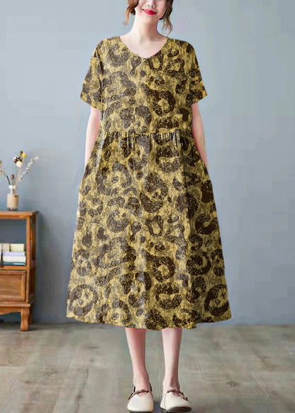 Orange Pockets Print O Neck Dress