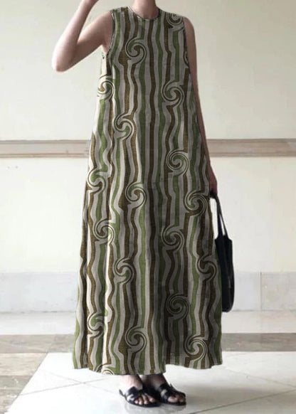 Handmade Green Linen Dresses O Neck Sleeveless Cotton Robes Summer Dresses