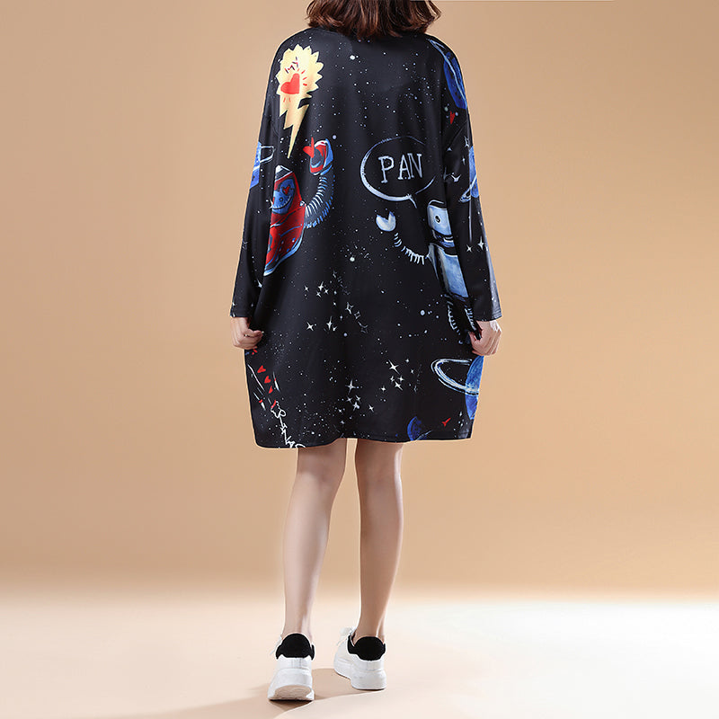 Cartoon Print Fall Black Cotton Dresses Long Sleeve Shift Dress