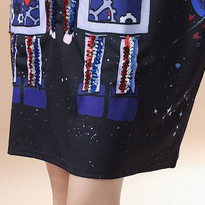 Cartoon Print Fall Black Cotton Dresses Long Sleeve Shift Dress