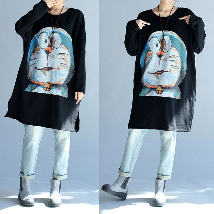 Cartoon Print Black Cotton Mid Long T Shirt O Neck Tops