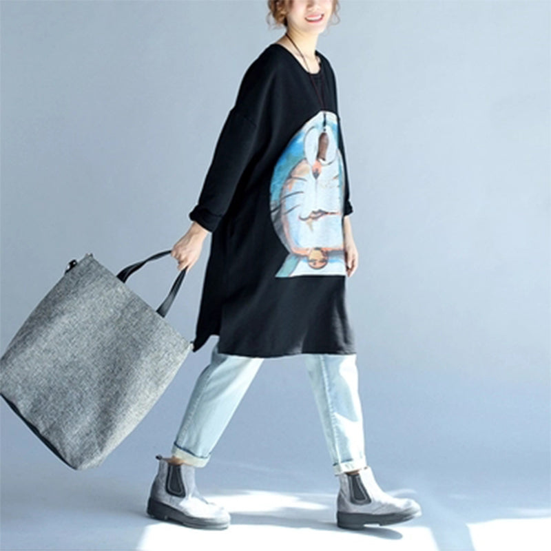 Cartoon Print Black Cotton Mid Long T Shirt O Neck Tops