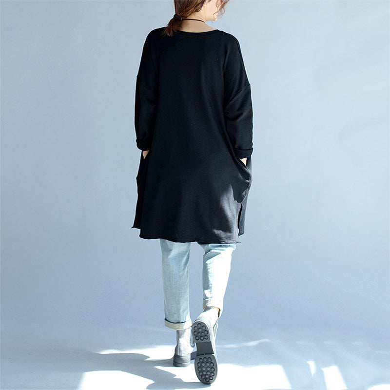 Cartoon Print Black Cotton Mid Long T Shirt O Neck Tops