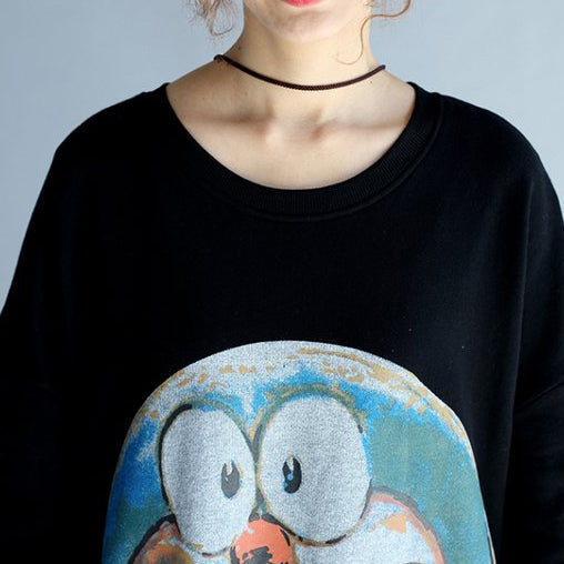 Cartoon Print Black Cotton Mid Long T Shirt O Neck Tops