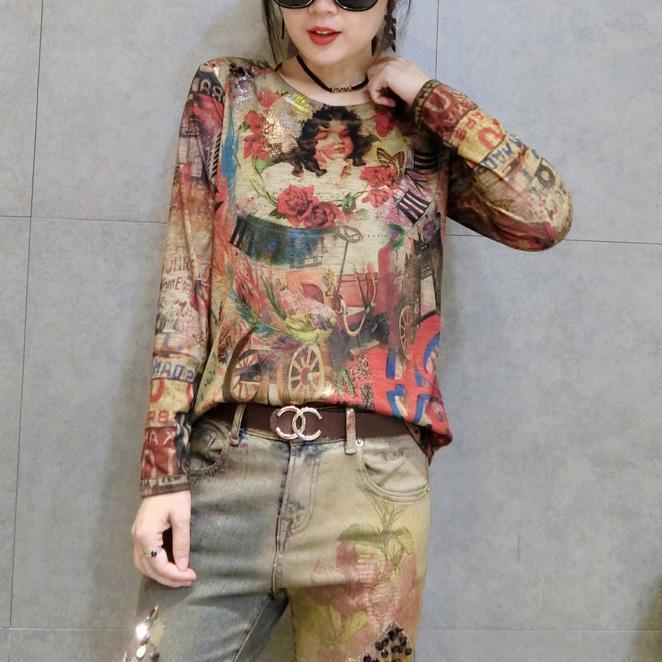 Cartoon Print New Cotton T Shirt Oversize Wild Long Sleeve Tops Cozy Fall