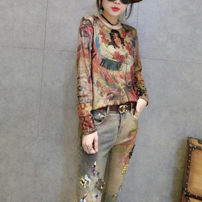 Cartoon Print New Cotton T Shirt Oversize Wild Long Sleeve Tops Cozy Fall