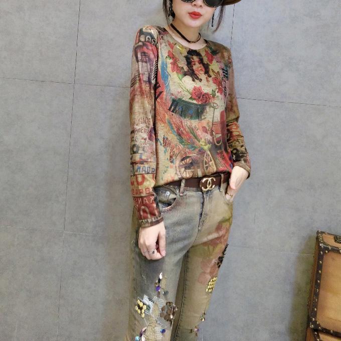 Cartoon Print New Cotton T Shirt Oversize Wild Long Sleeve Tops Cozy Fall