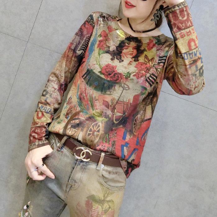 Cartoon Print New Cotton T Shirt Oversize Wild Long Sleeve Tops Cozy Fall