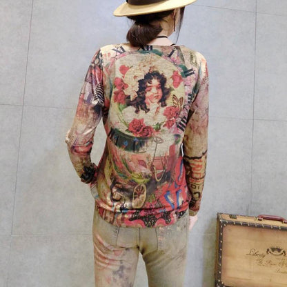 Cartoon Print New Cotton T Shirt Oversize Wild Long Sleeve Tops Cozy Fall