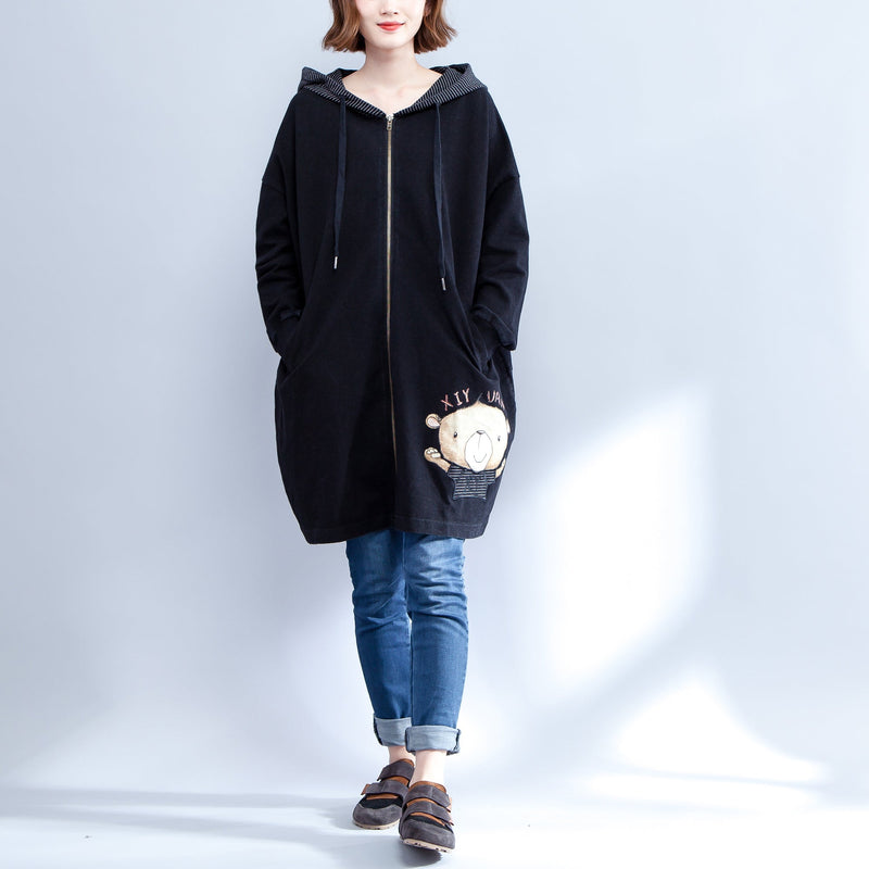 Cartoon Prints Black Cotton Trench Coats Thick Fit Cardigans Outwear