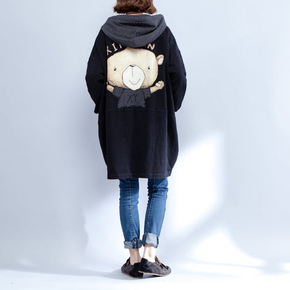 Cartoon Prints Black Cotton Trench Coats Thick Fit Cardigans Outwear