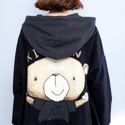 Cartoon Prints Black Cotton Trench Coats Thick Fit Cardigans Outwear