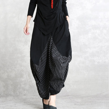 Black Striped Cotton Blended Wide Leg Pants Elastic Waist Stylish Pants