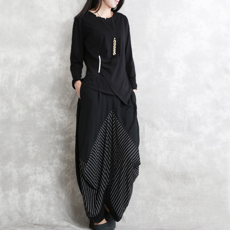 Black Striped Cotton Blended Wide Leg Pants Elastic Waist Stylish Pants