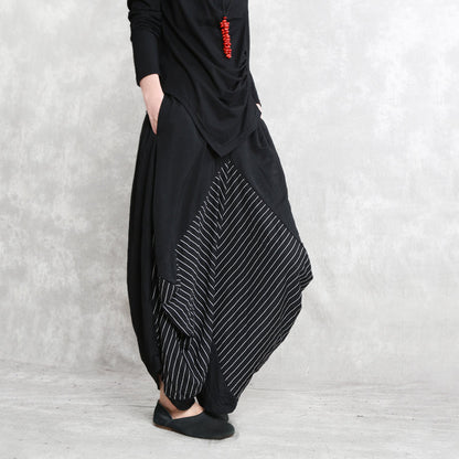 Black Striped Cotton Blended Wide Leg Pants Elastic Waist Stylish Pants