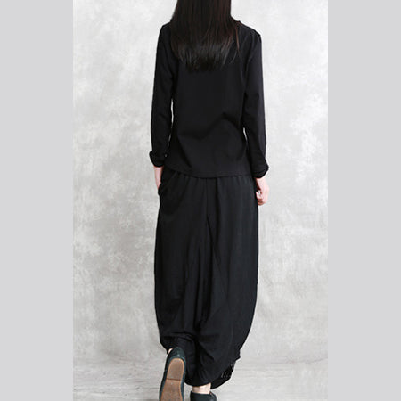 Black Striped Cotton Blended Wide Leg Pants Elastic Waist Stylish Pants