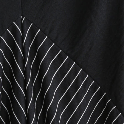 Black Striped Cotton Blended Wide Leg Pants Elastic Waist Stylish Pants