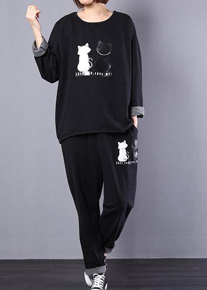 Cotton Cats Prints Two Pieces O Neck Long Sleeve Tops and Elastic Waist Drawstring Pants