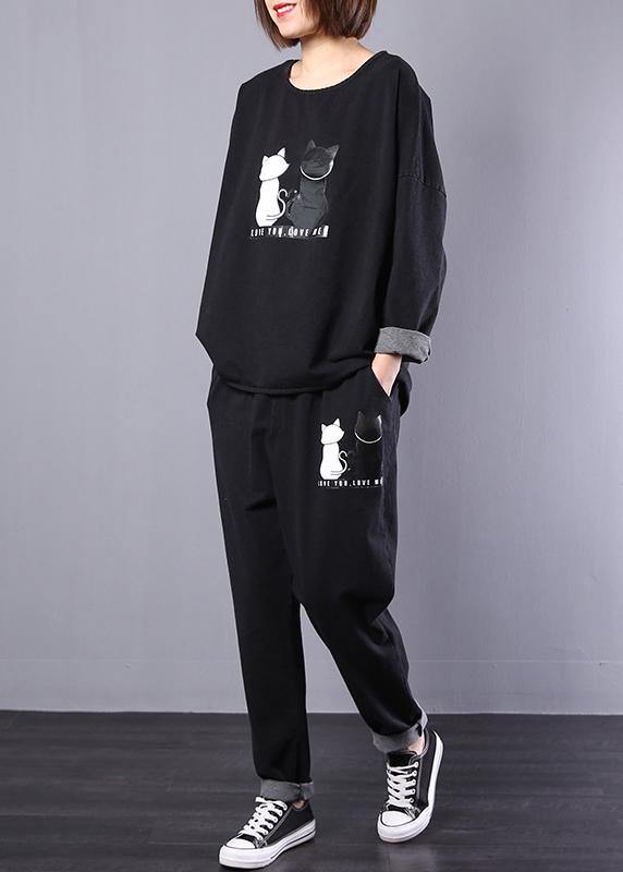 Cotton Cats Prints Two Pieces O Neck Long Sleeve Tops and Elastic Waist Drawstring Pants