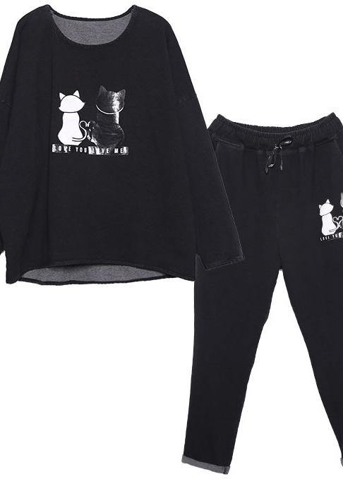 Cotton Cats Prints Two Pieces O Neck Long Sleeve Tops and Elastic Waist Drawstring Pants