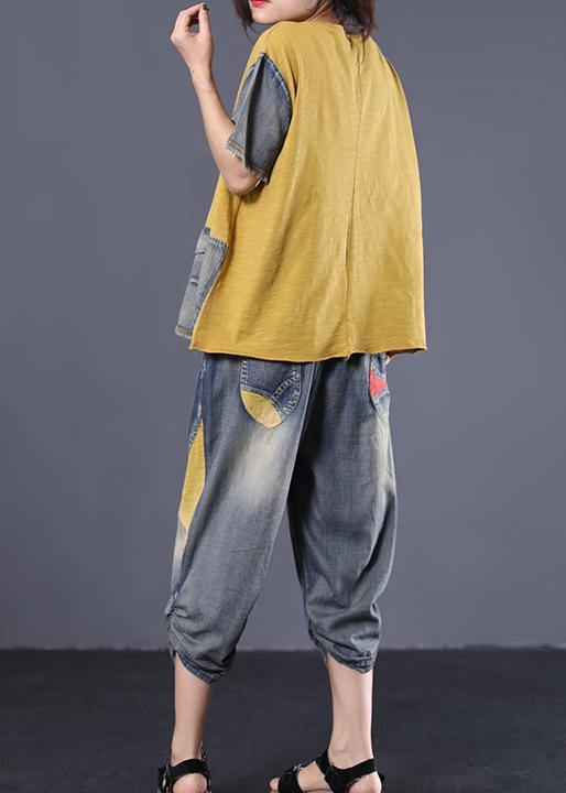Cotton Yellow Two Pieces Loose Patchwork Tops and Elastic Waist Pants