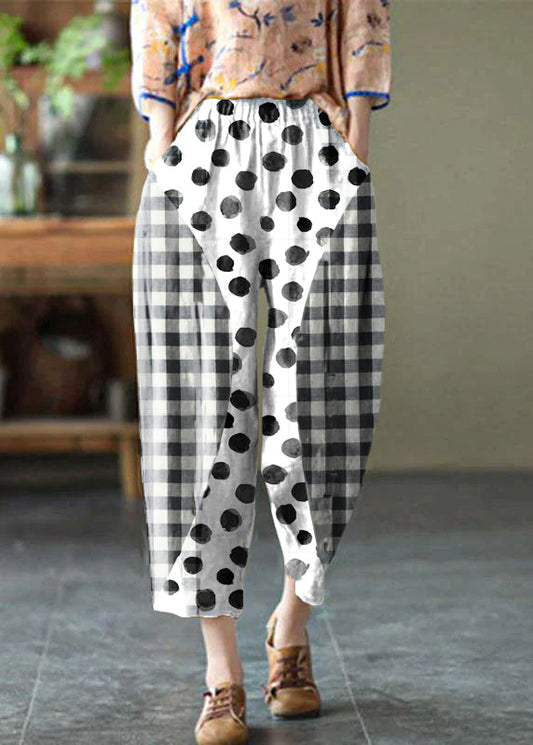 Natural White Polka Dots Elastic Waist Summer Linen Harem Pants