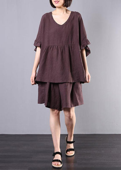 Chocolate Cotton Linen V Neck Ruffles Tops and Shorts Two Pieces