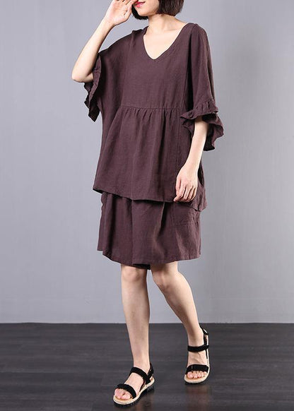 Chocolate Cotton Linen V Neck Ruffles Tops and Shorts Two Pieces