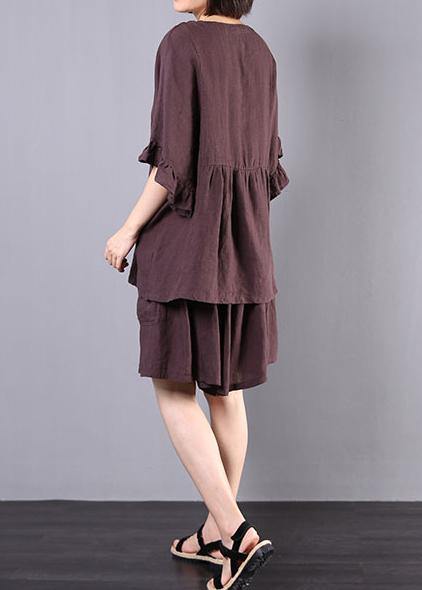 Chocolate Cotton Linen V Neck Ruffles Tops and Shorts Two Pieces