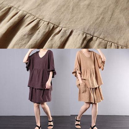 Chocolate Cotton Linen V Neck Ruffles Tops and Shorts Two Pieces
