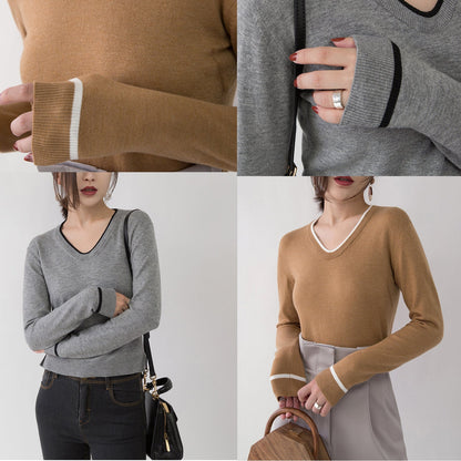 Chunky Brown Knit Tops Fall V Neck Knitted Blouses Fine Side Open Sweaters
