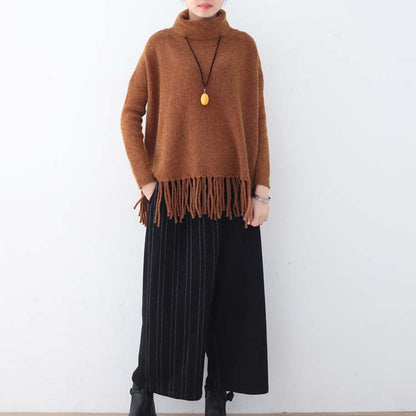 Chunky Brown Knit Tops Plussize High Neck Knitted Blouses Tassel Fall Blouse