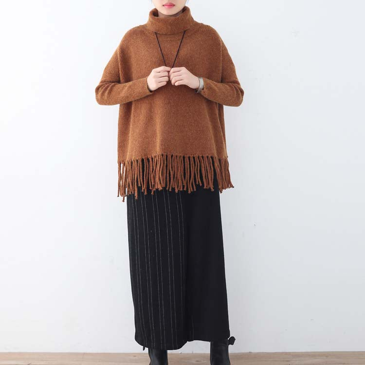Chunky Brown Knit Tops Plussize High Neck Knitted Blouses Tassel Fall Blouse