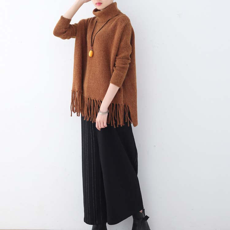 Chunky Brown Knit Tops Plussize High Neck Knitted Blouses Tassel Fall Blouse