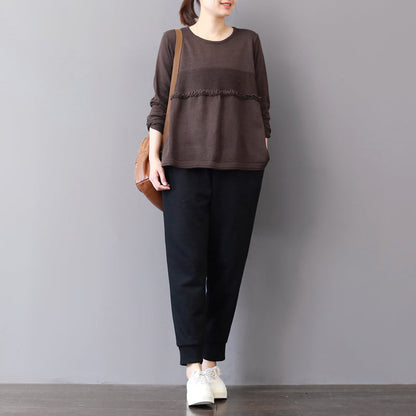 Chunky Chocolate Winter Sweater Patchwork Knitted Blouses Ruffles Top