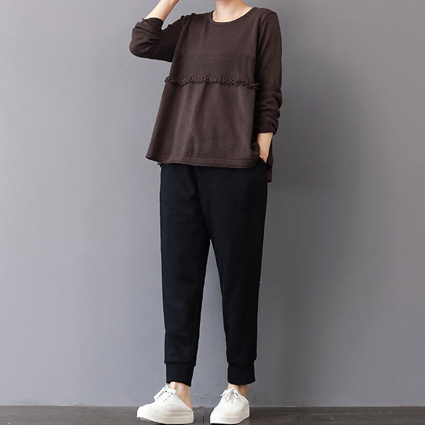 Chunky Chocolate Winter Sweater Patchwork Knitted Blouses Ruffles Top