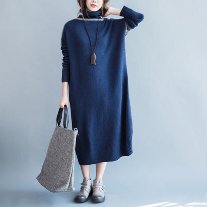 Chunky Dark Blue Knit Dresses Loose Fitting Patchwork Spring Dresses High Neck Pullover