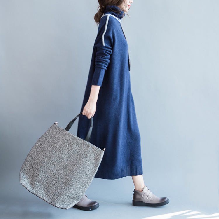 Chunky Dark Blue Knit Dresses Loose Fitting Patchwork Spring Dresses High Neck Pullover