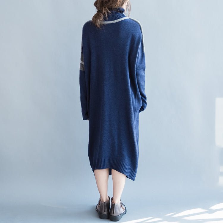 Chunky Dark Blue Knit Dresses Loose Fitting Patchwork Spring Dresses High Neck Pullover