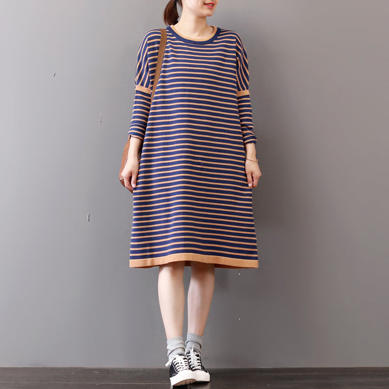 Chunky Striped Sweater Dress Oversize O Neck Winter Dresses Long Sleeve Winter Dress