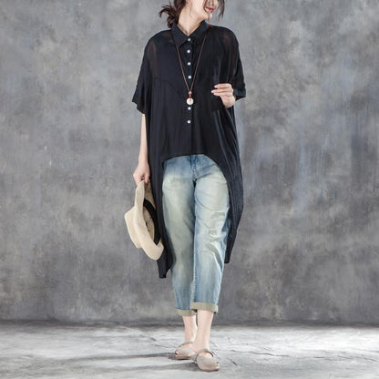 Cotton,polyester Summer T Shirt Oversized Single Breasted Short Sleeve Loose Irregular Black Blouse