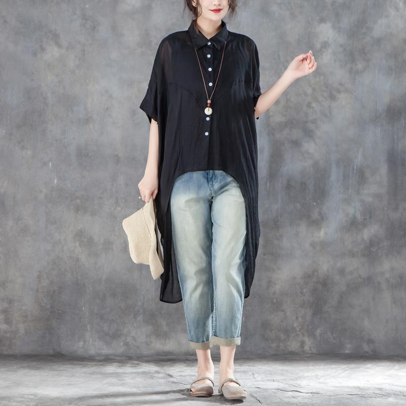 Cotton,polyester Summer T Shirt Oversized Single Breasted Short Sleeve Loose Irregular Black Blouse