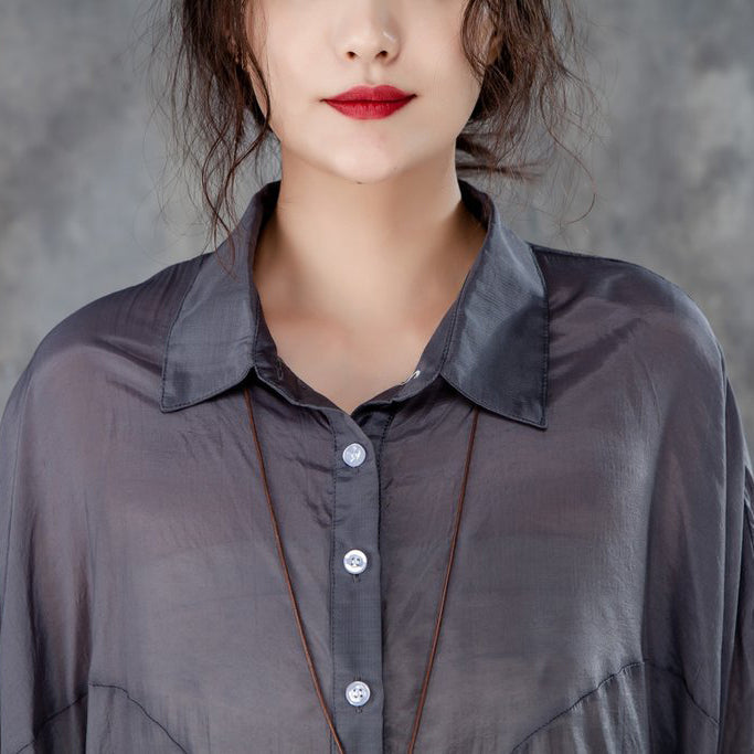 Cotton,polyester Summer T Shirt Oversized Single Breasted Short Sleeve Loose Irregular Black Blouse