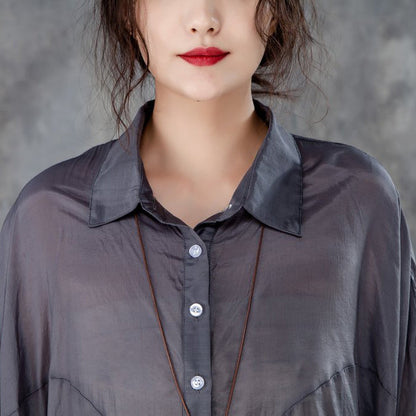 Cotton,polyester Summer T Shirt Oversized Single Breasted Short Sleeve Loose Irregular Black Blouse